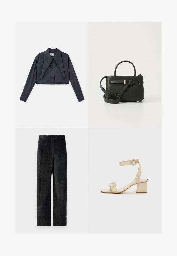 Cropped navy blue shirt with a large pointed collar, long sleeves, and button closure. Made from a smooth, textured fabric.; Black, textured wide-leg trousers with a pronounced weave, featuring front pleats and a flat waistband. Classic design for versatility.; Beige high-heeled sandals with a minimalist design, featuring two circular accents and a chunky heel. Made from smooth leather.; Black leather handbag with a textured finish, top handles, and a long adjustable strap. Features a gold-tone hardware accent on the front.
