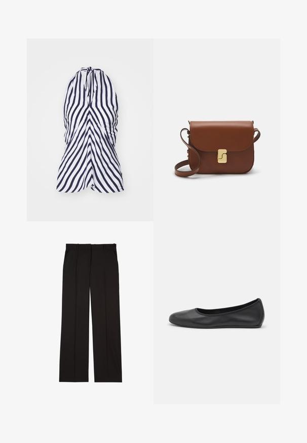 Šaty s halter krkom, s vertikálnymi námorníckymi a bielymi pruhmi, vyrobené z ľahkej tkaniny, s nariasením v oblasti pŕs a splývavým strihom.; Čierne oblekové nohavice z hladkej látky, s rovnými nohavicami a dvoma bočnými vreckami. Elegantná a minimalisticá konštrukcia.; Čierne kožené baleríny s okrúhlou špičkou, hladkým povrchom, minimálnym prešívaním a flexibilným dizajnom podrážky.; Hnedá kožená kabelka s klopou, zlatými kovovými prvkami, ramenným popruhom a hladkým povrchom. Kompaktný obdĺžnikový tvar.