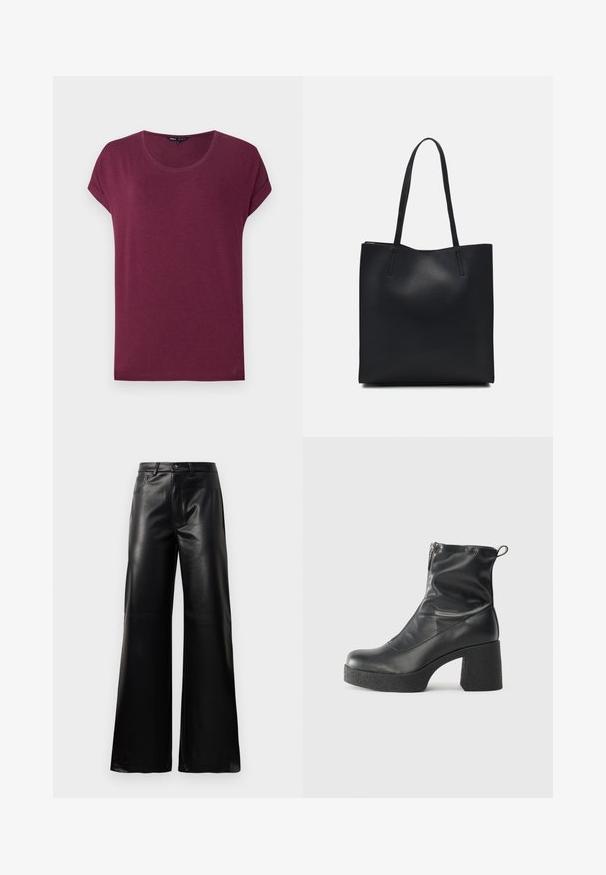 Bordová tričko s krátkym rukávom a okrúhlym výstrihom, vyrobené z mäkkej tkaniny, s prehnutými manžetami a rovnou spodnou hranou.; Čierne vysokopriestené široké nohavice z umelého kože s predným gombíkom, zipsom, pútkami na opasok a bočnými vreckami na bielom pozadí.; Čierne členkové topánky z hladkej kože, so bočným zipsom, robustnou textúrovanou pätnou časťou a zaobleným dizajnom špičky.; Čierna kožená taška na rameno s hladkým povrchom, obdĺžnikovým tvarom a dvoma dlhými uchami. Bez viditeľného kovania alebo ozdôb.