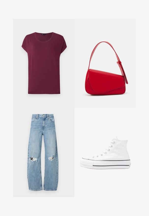 Bordo spalvos trumpomis rankovėmis marškinėliai iš minkštos medžiagos, suapvalintu iškirptu kaklu ir laisvo kirpimo, su susuktomis rankogaliais ir tiesia apačia.; Šviesiai mėlynos, aukštu juosmeniu džinsai pagaminti iš džinsinio audinio. Turi plačias kojų kelnes, dvi suplėšytas kelio vietas ir klasikinį penkių kišenių dizainą.; Balti aukštakulniai drobės sportbačiai su juodu guminio pado, priekinio guminio piršto dangteliu ir šešiais akytėmis raištams, pasižymintys švariu, minimalistiniu dizainu.; Raudona odinė rankinė su kampuota, geometrine forma. Pasižymi viena reguliuojama dirželiu ir dangteliu su siuvinėtais dekoracijomis.