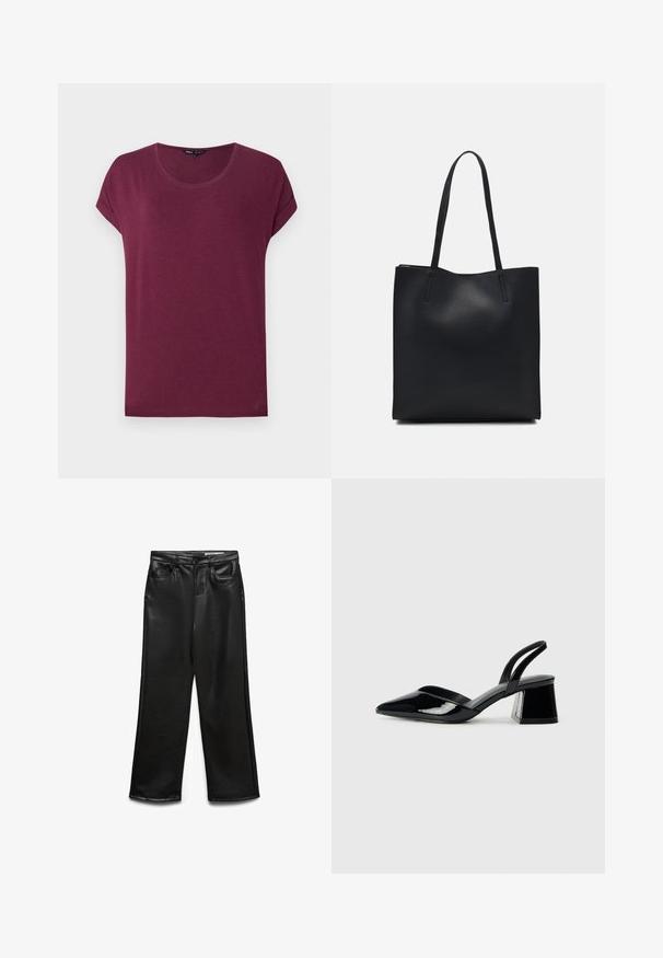 T-shirt de manga curta burgundy feita de tecido macio, com decote arredondado e corte descontraído, punhos dobrados e bainha reta.; Calças largas de imitação de couro preto com bolsos frontais, passantes para cinto e brilho subtil. Textura suave e ajuste personalizado.; Sandy em verniz preto com salto slingback, ponta afilada e salto geométrico. Apresenta um design elegante e minimalista com textura suave.; Bolsa tote preta em couro com textura lisa, forma retangular e duas alças longas. Sem hardware ou enfeites visíveis.