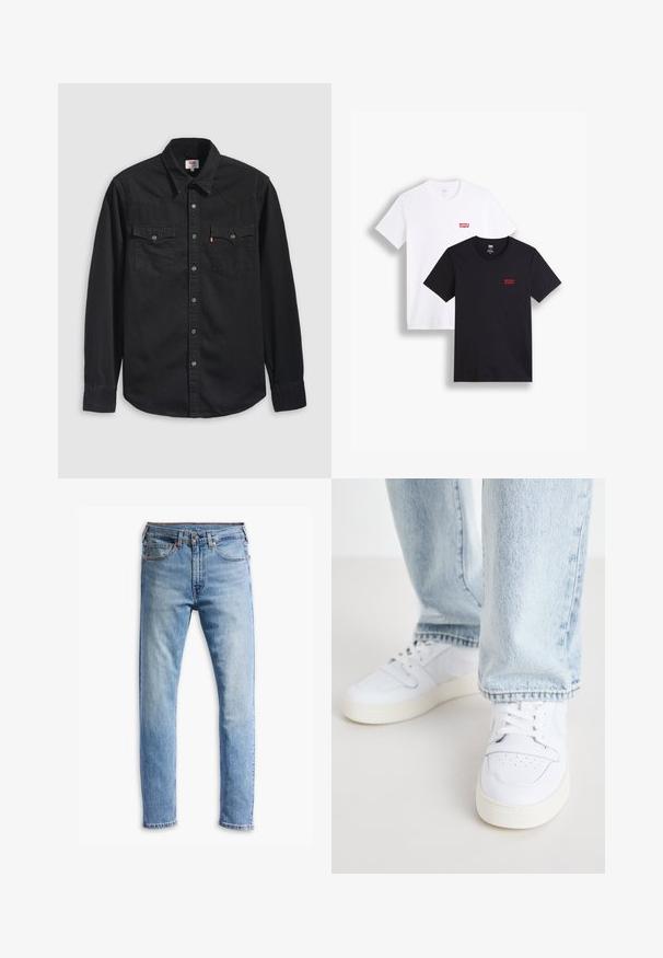 Schwarzes Jeanshemd mit durchgehender Knopfleiste, zwei Brusttaschen und spitzem Kragen mit sichtbaren Nahtdetails.; Zwei kurzärmlige T-Shirts: eines in Weiß und eines in Schwarz. Beide aus Baumwolle mit einem roten Levi's-Logo auf der Brust. Einfaches Rundhals-Design.; Hellblaue Jeans aus Denim mit geradem Schnitt, fünf Taschen, Knopfverschluss und subtiler Ausbleichung über den Stoff.; Weiße Leder-Low-Top-Sneaker mit perforierter Zehenpartie, flachen Schnürsenkeln und minimalistischem Design. Kombiniert mit hellblauen Jeans.