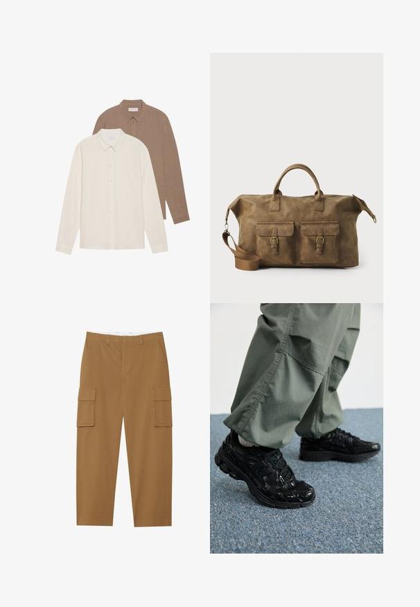 Twee overhemden met lange mouwen: één crèmekleurig en één bruin, beide met button-down kragen, zichtbaar textuur van de stof, eenvoudig ontwerp en label zichtbaar.; Bruine cargobroek met twee zijzakken, een vlakke voorkant en een rechte pijp. Gemaakt van een duurzame stof met een gladde textuur.; Zwarte sport sneakers met glanzende en mesh texturen, voorzien van een dikke zool en veters, gecombineerd met losse olijfgroene cargobroeken.; Bruine leren weekendtas met twee voorzakken, verstelbare schouderband, gouden hardware en stevige handvatten aan de bovenkant. Strakke textuur.