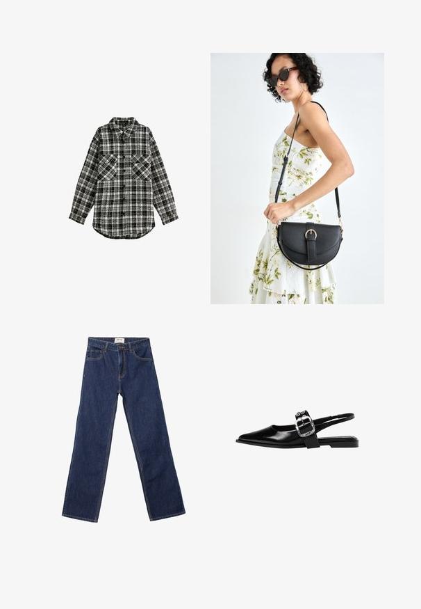 Black and white plaid shirt with long sleeves, button closure, two chest pockets, and a curved hemline. Made of a textured fabric.; White T-shirt made of soft, lightweight fabric. Features a round neckline and short, wide sleeves with a relaxed fit. No visible patterns.; Dark blue straight-leg jeans with front pockets, belt loops, and a button closure.; Black leather slingback shoe with pointed toe, wide strap featuring a silver buckle, and a low square heel. Smooth texture, minimalist design.; Black leather handbag with a curved shape, detachable strap, and gold hardware. The bag features a flap with a buckle detail.