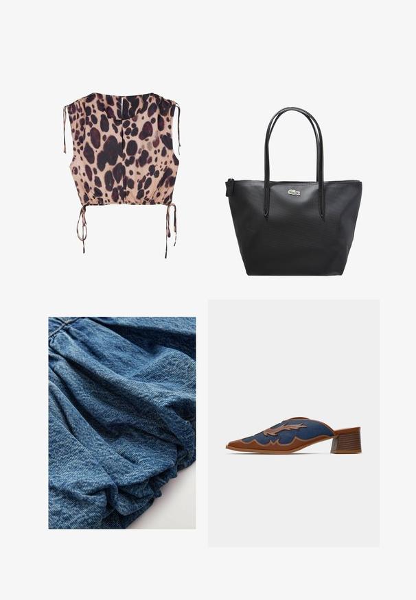 Top corto in tessuto leggero con una base beige e stampa leopardata marrone scuro. Orlo arricciato con dettagli delle stringhe regolabili sui lati.; Tessuto denim di un blu intenso, caratterizzato da una texture arricciata che crea morbide pieghe. Superficie liscia con leggere variazioni di colore.; Mule in denim con punta affusolata, dettagli in pelle marrone e cuciture decorative a forma di onda. Tacco basso in legno impilato.; Borsa tote nera in materiale sintetico con due manici lunghi, superficie testurizzata e un piccolo logo ricamato come accent. Chiusura con zip sulla parte superiore.