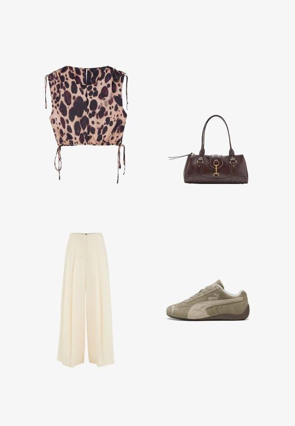 Kort top i let stof med en tan-baseret farve og mørkebrun leopardprint. Samlet nederste kant med justerbare snorede detaljer på siderne.; Bredde bukser i lys beige stof, med plisseret frontdesign, høj talje og glat tekstur. Ingen synlig hardware eller mønstre.; Suedesneakers i lysebrun med mørkere accenter, med et lavprofil design, snørebåndslukning og et mærke logo på siden.; Mørkebrun læderhåndtaske med to hanke i toppen, detaljer i guldmetal, en frontlås og syede teksturer på siderne.