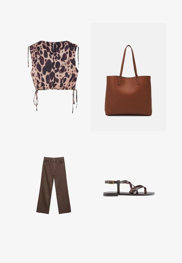 Strój z krótkim rękawem wykonany z lekkiego materiału, z beżowym tłem i ciemno-brązowym wzorem w panterkę. Zgromadzony dół z regulowanymi sznurkami po bokach.; Szerokie brązowe dżinsy wykonane z denimu, z wysokim stanem, przednimi kieszeniami i klasycznym zapięciem na guzik. Gładka faktura z subtelnym przeszyciem.; Brązowe skórzane sandały z krzyżującymi się paskami, zapięciem na klamrę przy kostce oraz płaską podeszwą z minimalnymi detalami szycia.; Brązowa skórzana torba tote o gładkiej fakturze, z otwartym wierzchem i dwoma ramiączkami. Charakteryzuje się minimalnym przeszyciem i brakiem widocznych elementów metalowych.