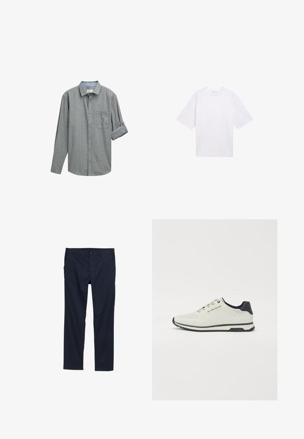 Grijze lange mouwen shirt met een geruit patroon, button-down kraag, één borstzak en opgerolde manchetten met blauwe accenten.; Witte T-shirt met korte mouwen van katoen. Ontspannen pasvorm met een ronde hals. Glad materiaal zonder zichtbare patronen of accenten.; Marineblauwe lichte broek met een zachte textuur, rechte pijpen, knoopsluiting en zijzakken.; Lichtgrijze sneakers met een geperforeerd ontwerp, zwarte accenten, een textuurlzool en vetersysteem. Logo zichtbaar aan de zijkant.