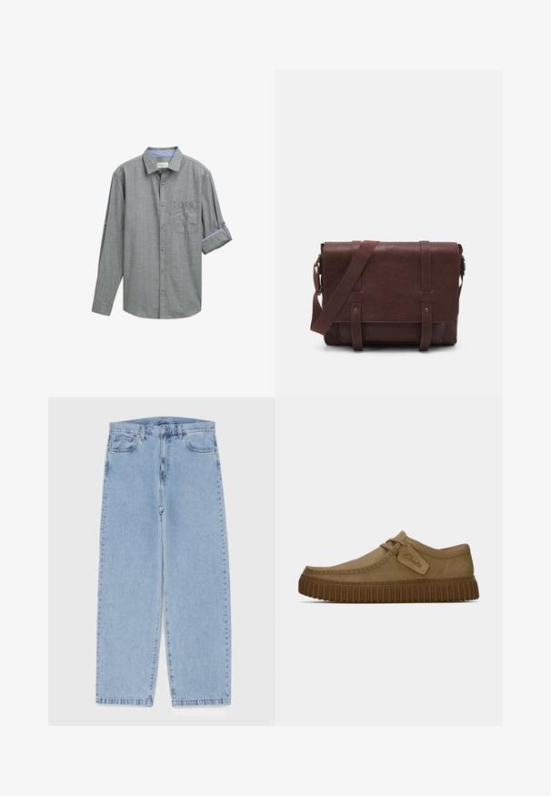 Graues Langarmhemd mit Karomuster, Button-Down-Kragen, einer Brusttasche und hochgerolltem Ärmel mit blauem Akzent.; Hellblaue Jeans aus Denim mit geradem Bein, ausgestattet mit einer mittelhohen Taille, fünf Taschen sowie einem Knopf- und Reißverschluss.; Hellbraune Wildlederschuhe mit runder Zehenpartie, genähten Details und einer gerippten braunen Gummisohle. Mit einem Seitenschild mit dem "Clarks"-Logo.; Braune Leder-Umhängetasche mit einer flachen Vorderklappe, zwei Riemen, goldenen Hardware-Akzenten und einem verstellbaren Schultergurt.