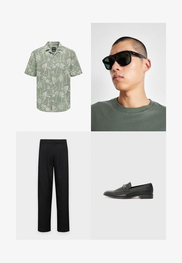 Only & Sons HAWAII jasnozielony; Czarne spodnie wykonane z gładkiego materiału, z prostą nogawką, dwoma fałdami z przodu oraz standardowym paskiem z wypustkami na pasek.; Czarne skórzane mokasyny o gładkim wykończeniu, z haftowanym wzorem i dekoracyjnym akcentem z metalowego łańcucha na wierzchu. Płaska pięta.; Czarne prostokątne okulary przeciwsłoneczne z ciemnymi szkłami, o charakterystycznym kształcie i logo na zauszniku. Noszone przez osobę w zielonej koszuli.