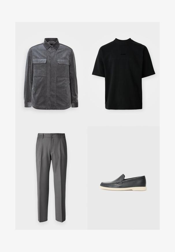 Cămașă din fâș negru și gri, cu guler tip button-down, două buzunare la piept și mâneci lungi. Material texturat cu o finisare netedă.; Tricou negru cu mânecă scurtă, confecționat din bumbac, cu guler înalt, având o textură netedă și un logo subtil în centru.; DRYKORN LEEK - Pantaloni - grey; Pantofi loafers din piele neagră, cu un finisaj texturat și o talpă din cauciuc bej contrastantă. Au un accent subtil pe partea din față.