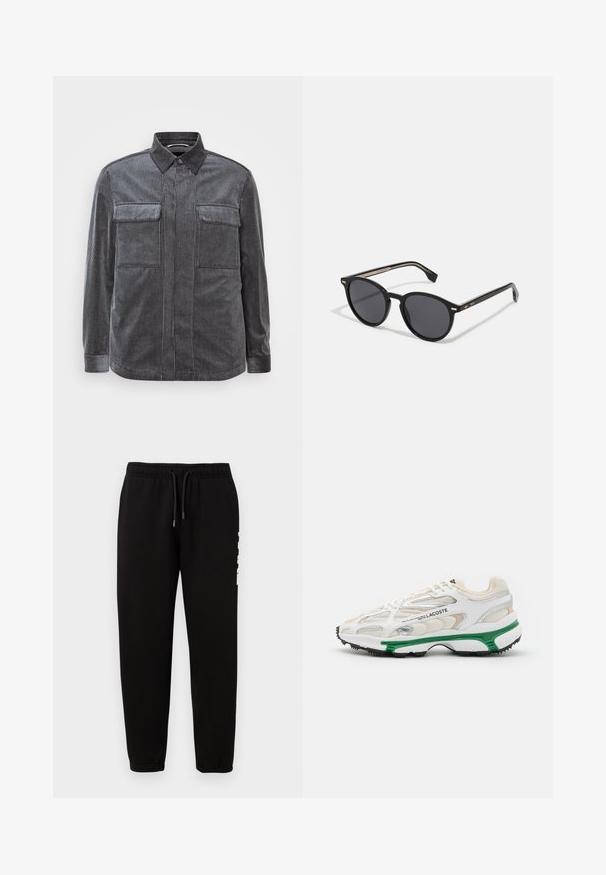 Camicia in corduroy a righe nere e grigie con colletto button-down, due tasche sul petto e maniche lunghe. Tessuto testurizzato con una finitura liscia.; KARL LAGERFELD PANTS - Pantaloni sportivi - black; Sneaker bianco con accenti verdi e suola in gomma nera. Presenta pannelli in rete e sintetici, con una finitura testurizzata e cuciture visibili.; BOSS Occhiali da sole - black