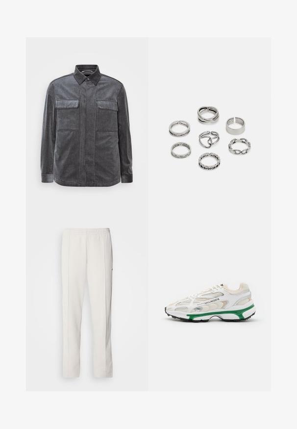 Czarna i szara koszula z kordurowej tkaniny w paski, z kołnierzykiem na guziki, dwiema kieszeniami na piersi i długimi rękawami. Teksturowana tkanina o gładkim wykończeniu.; Lacoste - Spodnie treningowe; Biały sneaker z zielonym akcentem i czarną gumową podeszwą. Posiada panelowe wstawki z siateczki i syntetyku, z fakturowanym wykończeniem oraz widocznym przeszyciem.; Zestaw siedmiu srebrnych pierścionków o różnych wzorach, w tym skręconych, połączonych i grawerowanych. Różne kształty i szerokości.