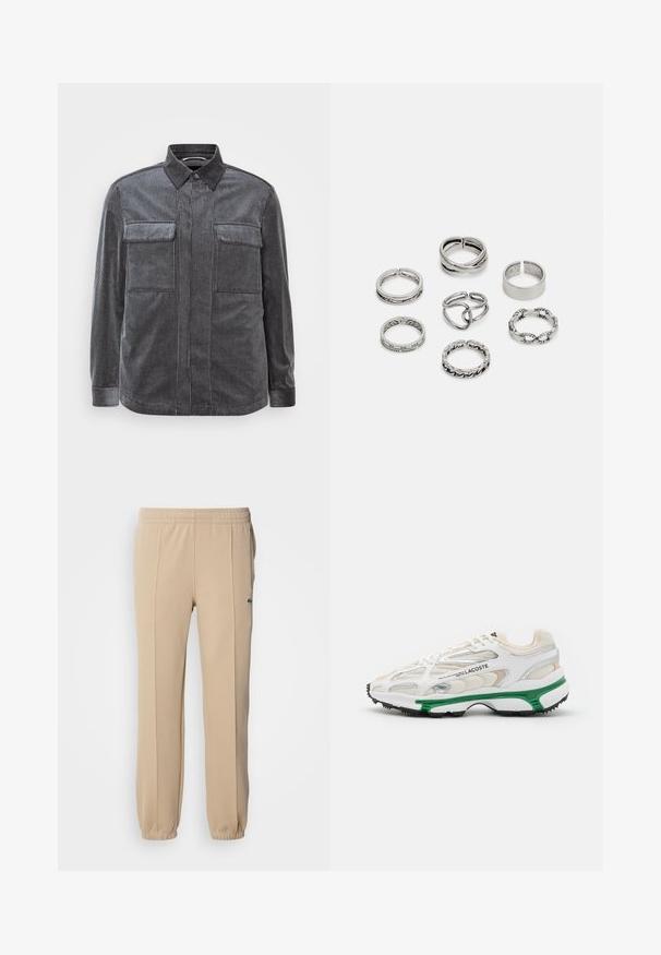 Camicia in corduroy a righe nere e grigie con colletto button-down, due tasche sul petto e maniche lunghe. Tessuto testurizzato con una finitura liscia.; Lacoste Pantaloni sportivi - viennese; Sneaker bianco con accenti verdi e suola in gomma nera. Presenta pannelli in rete e sintetici, con una finitura testurizzata e cuciture visibili.; Set di sette anelli in argento con diversi design, tra cui motivi attorcigliati, collegati e incisi. Diverse forme e larghezze.