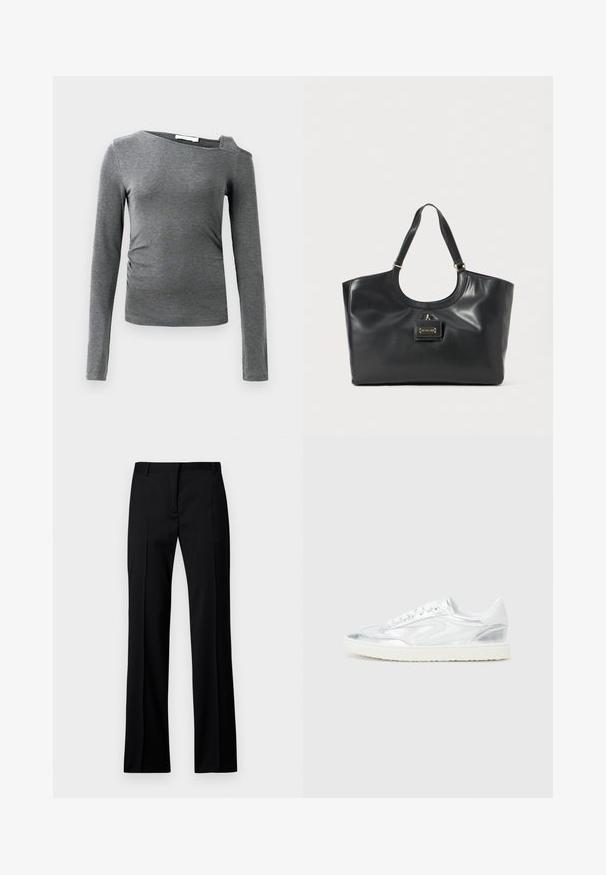 Sivý dlhý rukáv top vyrobený z jemnej tkaniny, s lodičkovým výstrihom a jedným detailom s vystrihom na ramene, s jemným nariadením na bokoch.; Čierne nohavice v rovnom strihu z hladkej tkaniny, so plochým predným dielom, pútkami na opasok a bez viditeľných vreciek alebo ozdôb.; Biele tenisky s metalickými striebornými akcentmi, hladká textúra, okrúhly špic, plochá podrážka a tradičný šnurovací dizajn.; Čierna kožená taška cez rameno s lesklým povrchom, zakriveným vrchom, dvoma ramennými popruhmi a zlatým kovovým detailom na prednej strane.