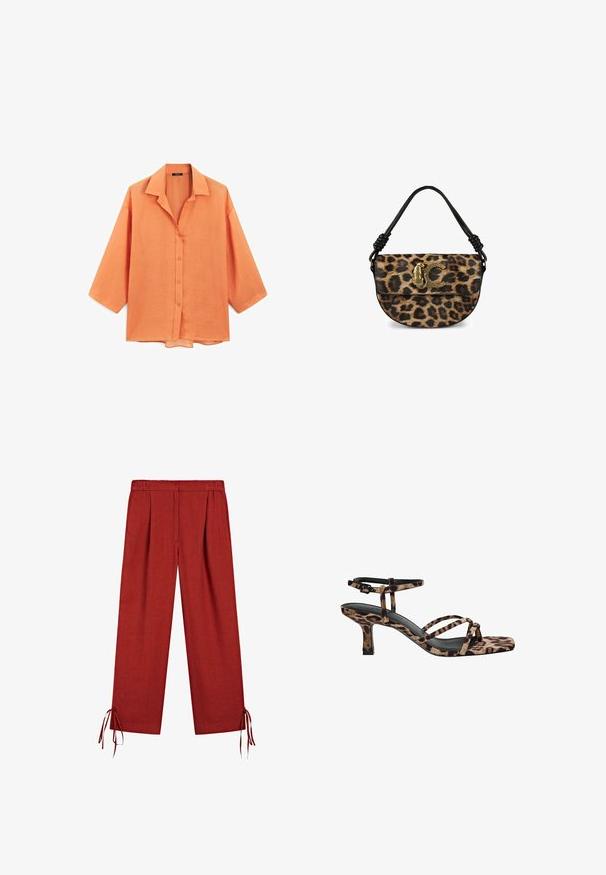 Camicia in lino arancione con vestibilità rilassata, maniche corte, orlo diritto e colletto con chiusura frontale a bottoni.; Pantaloni larghi rossi con vita elastica e lacci alle orli, realizzati in tessuto leggero.; Sandali con tacco in stampa leopardata, con punta quadrata, multiple cinghie e un tacco di altezza media. Realizzati in morbido materiale tessile.; Borsa con motivo leopardato, manico in pelle nera, con dettaglio del logo in tonalità oro. Tessuto testurizzato e forma arrotondata.