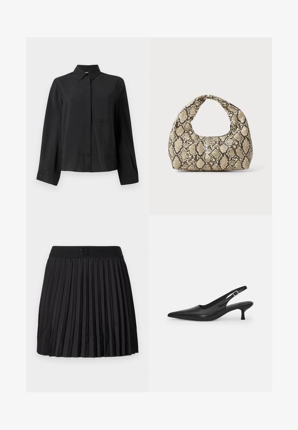 Black button-up shirt with a crisp collar, long sleeves, single chest pocket, and textured fabric. Features a straight cut and cuff detailing.; Black pleated skirt with a smooth texture, featuring a solid black waistband and an embossed logo detail at the front.; Black leather slingback shoe with a pointed toe and a slim, curved heel. Features a discrete adjustable strap with a metal buckle.; Snake-print handbag with a curved handle. Made from textured, beige and brown materials, featuring a distinctive diamond pattern.