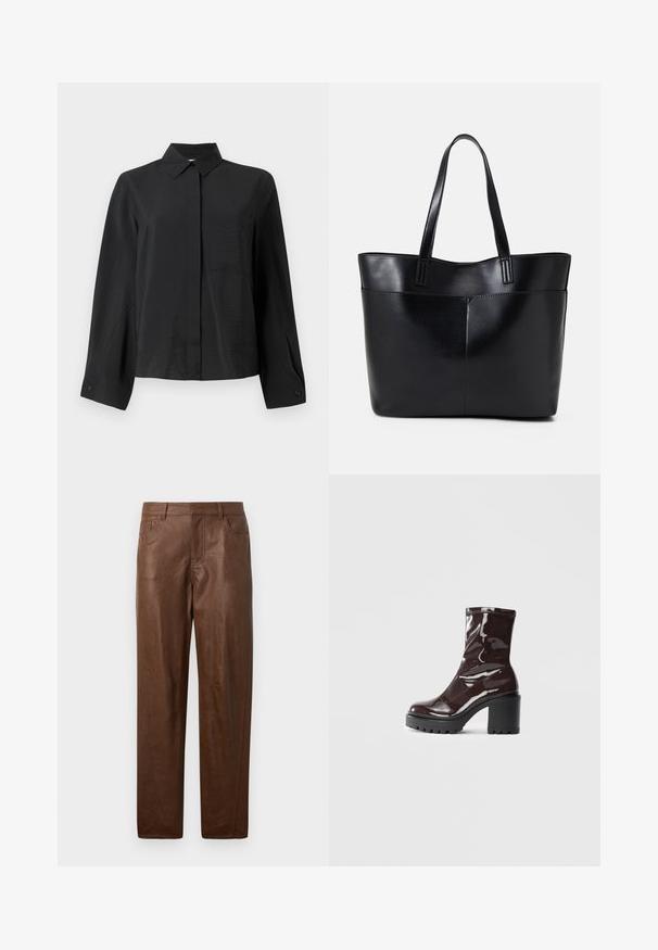Black button-up shirt with a crisp collar, long sleeves, single chest pocket, and textured fabric. Features a straight cut and cuff detailing.; Brown leather pants with a smooth texture, straight leg design, and two side pockets. Features visible stitching details.; Glossy burgundy ankle boot with a chunky black heel, featuring a smooth texture and simple design. No visible fastenings or patterns.; Black leather tote bag with two long handles, a smooth texture, and a structured shape. Features a front pocket for additional storage.