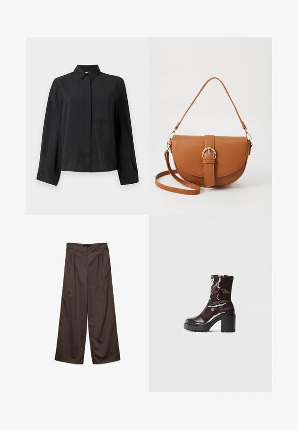 Sort skjorte med knapper og en skarp krave, lange ærmer, en enkelt brystlomme og struktureret stof. Har en lige skæring og manchetdetaljer.; Breddebenede bukser i mørkebrunt stof med en glat overflade. Funktioner inkluderer folder fortil og en standard talje.; Glatte burgunder ankelstøvler med en chunky sort hæl, der har en glat tekstur og et simpelt design. Ingen synlige lukninger eller mønstre.; Brun læder crossbody taske med en buet form, guldfarvet hardware og en spændeaccent. Har en aftagelig skulderrem.