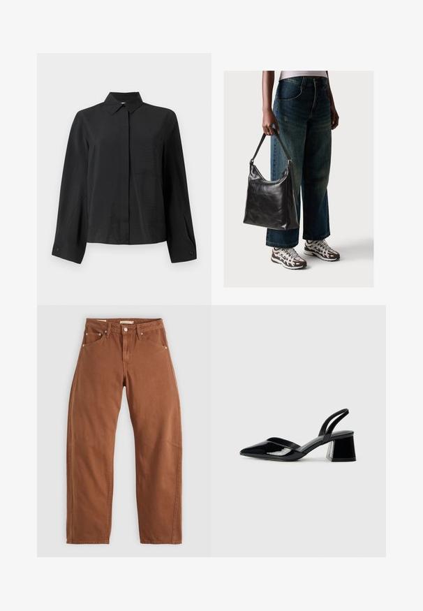Sort skjorte med knapper og en skarp krave, lange ærmer, en enkelt brystlomme og struktureret stof. Har en lige skæring og manchetdetaljer.; Rustbrune straight-leg jeans med for- og baglommer, metalnitter, knaplukning og bæltestropper, lagt fladt på en hvid baggrund.; Sorte patentlæder slingback hæle med spids tå og en geometrisk blok hæl. Har et elegant, minimalistisk design og en glat tekstur.; Sort læder skuldertaske med en glat tekstur og justerbar skulderrem, parret med faded brede bukser og atletiske sneakers.