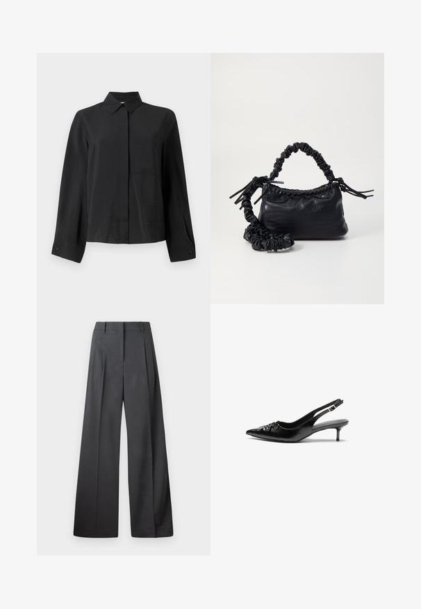 Svart skjorta med knappar, krispig krage, långa ärmar, en bröstficka och textil med struktur. Har en rak passform och manschettdetaljer.; Vida byxor i mörkgrått tyg, med hög midja, enkla veck och en mjuk yta med en ren finish vid fållen.; Svarta läder slingback klackar med spetsig tå, liten kittenklack och en dekorativ knutdetalj på framsidan. Slät textur hela vägen.; Svart faux läderhandväska med krokodiltextur, snodd topp och en skrämd rem. Ser mjuk och kompakt ut i designen.