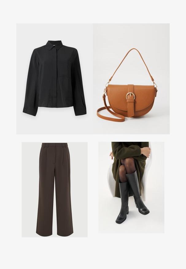 Zwarte overhemddrag met een scherpe kraag, lange mouwen, een enkele borstzak en een gestructureerde stof. Heeft een recht model en details op de manchet.; Bruine wijde broek van soepel materiaal. Heeft plooien aan de voorkant en een op maat gemaakte tailleband met riemlussen voor aanpassing.; Knieschijf hoge zwarte leren laarzen met een vierkante neus en blokhak, getoond met een model dat zit in een olijfgroene jas. Gladde textuur, minimale details.; Bruine leren schoudertas met een gebogen vorm, gouden hardware en een gespaccent. Bevat een afneembare schouderriem.