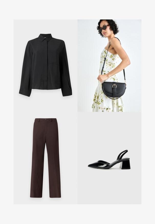Zwarte overhemddrag met een scherpe kraag, lange mouwen, een enkele borstzak en een gestructureerde stof. Heeft een recht model en details op de manchet.; Bruine wijde broek met een gladde textuur, voorzien van een knoopsluiting, voorzakken en een getailleerd ontwerp zonder zichtbare patronen.; Zwarte gepatineerde leren slingback hakken met een spitse neus en een geometrische blokhak. Kenmerkt zich door een slank, minimalistisch ontwerp en een gladde textuur.; Zwarte leren handtas met een gebogen vorm, afneembare schouderband en gouden hardware. De tas heeft een klep met een gespsluiting.