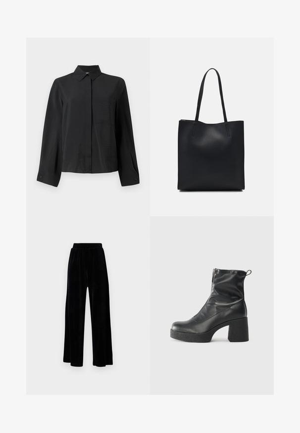 Crna košulja na dugih rukava s oštrim ovratnikom, jednim džepom na prsima i teksturiranom tkaninom. Ima ravni kroj i detalje na manžetama.; Crne široke hlače od mekanog velura, s elastičnim pojasom i glatkom teksturom, bez vidljivih detalja ili uzoraka.; Crne gležnjače od glatke kože, s bočnim zatvaračem, debelim teksturiranim potplatom i dizajnom s zaobljenim prstima.; Crna kožna torba za nošenje s glatkom teksturom, pravokutnim oblikom i dvije duge ručke. Nema vidljivih metalnih dijelova ili ukrasa.