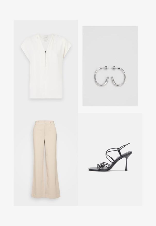 Witte top met korte mouwen en een V-hals, met een zilveren ritsdetail aan de voorkant, gemaakt van een gladde, lichte stof. Minimalistisch ontwerp.; Beige wijduitlopende broek met een gladde textuur, voorzien van een hoge tailleband en twee voorzakken. Schoon ontwerp met een getailleerde pasvorm.; Zwarte hoge hakken sandaaltjes hebben dunne banden met een geknoopt ontwerp, een gladde vierkante neus en een elegante stiletto-hak.; Zilveren oorringen met een glad, glanzend oppervlak, met een gebogen vorm en een sluiting met steker. Minimalistisch ontwerp met een moderne afwerking.