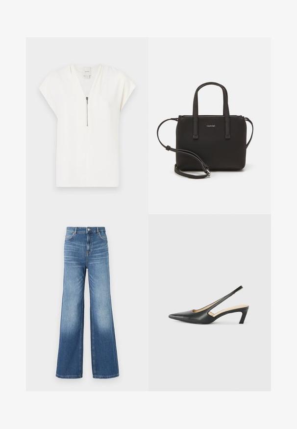 White short-sleeve top with a V-neck and a silver zip detail at the front, made from smooth, lightweight fabric. Minimalist design.; Light blue denim wide-leg jeans with a high waistband, featuring five pockets, belt loops, and a subtle fade effect towards the hem.; Black pointy-toed slingback shoe with a low heel, featuring smooth leather material and cut-out design on the side for breathability.; Black handbag with dual short handles and a removable shoulder strap. Smooth leather-like material with a zip closure and logo detail.