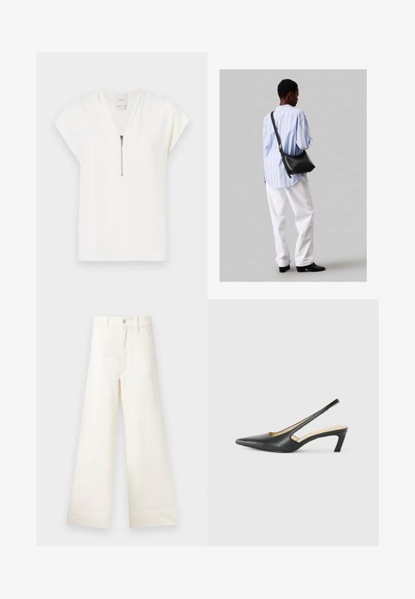 Balts īsām piedurknēm tops ar V veida kakla izgriezumu un sudraba rāvējslēdzēju priekšpusē, izgatavots no gludas, vieglas auduma. Minimalistisks dizains.; Platākas kāju bikses gaiši pelēkā kokvilnā. Iespējams augsts jostasvieta, priekšējās kabatas un taisna griezuma. Tīrs apakšmalas apdare bez rakstiem.; Melna, ar smailu purngalu, slingback kurpe ar zemu papēdi, izgatavota no gludas ādas materiāla un ar izgriezumiem sānos gaisa caurlaidībai.; Melna ādas plecu soma ar mīkstu tekstūru, trīsstūra formu un regulējamu siksnu, apvienota ar gaiši zilu svītrotu krekli un baltām biksēm.