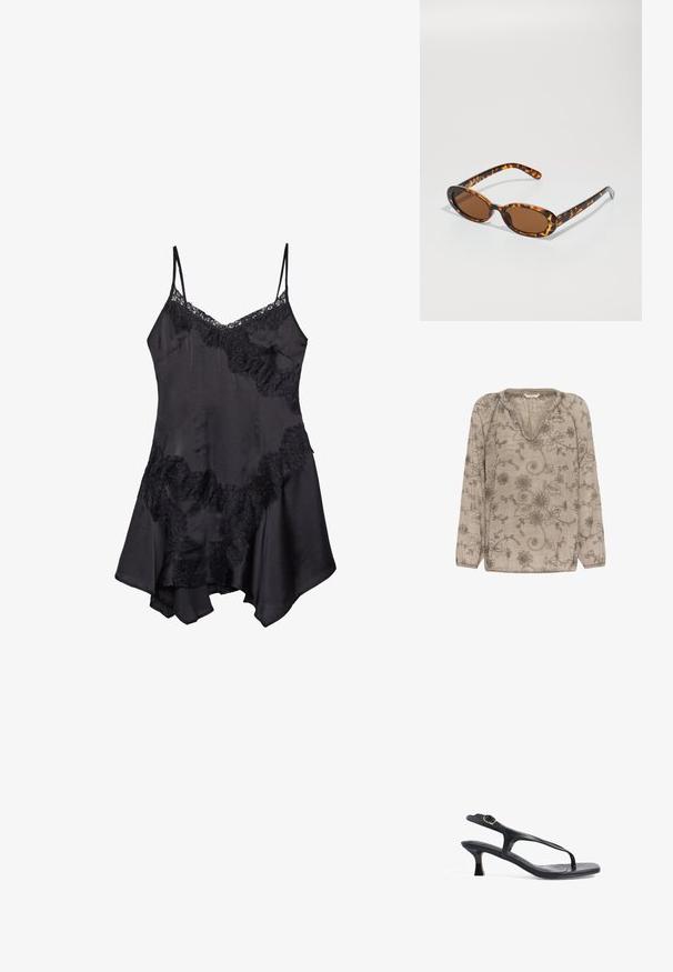 Hellbeige Bluse mit langen Ärmeln, V-Ausschnitt und floralem Grau-Stickereien. Weich, strukturiertes Material mit gerafften Ärmelakzenten.; Schwarzes Satin-Nachthemd mit Spitzenrand, verstellbaren Spaghetti-Trägern und ausgestelltem Saum, weicher Textur und dekorativen Rüschendetails.; Schwarze Ledersandale mit schlankem Design, dünnen Riemen und einem kleinen Absatz. Verfügt über eine Schnallenakzent und eine glatt strukturierten Fußbett.; Schildpatt-Sonnenbrille mit ovalen Rahmen, braunen Gläsern und schlanken schwarzen Bügeln mit subtilen Musterakzenten.; Schwarze, strukturierte Tragetasche mit kurzen Griffen, ausgestattet mit einem goldenen Verschluss und Akzenten. Das Design ist strukturiert und weist eine geometrische Silhouette auf.