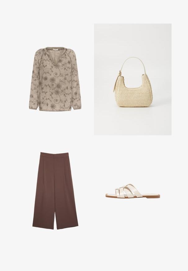 Lys beige bluse med lange ærmer, V-hals og blomsterbroderi i grå nuancer. Blød, struktureret stof med sammensnørede ærmedetaljer.; Brune bredbunde bukser med en glat tekstur, der har høj talje og plisseringer foran. Stoffet er let og falder løst.; Flade sandaler med en lys gummisål, designet med tre overlappende hvide læderremme og en lille sløjfe detalje i midten.; Vævet stråhåndtaske i beige med en buet form, en kort håndtag og en sidelomme med lynlås. Har tekstureret overflade og minimalistisk design.