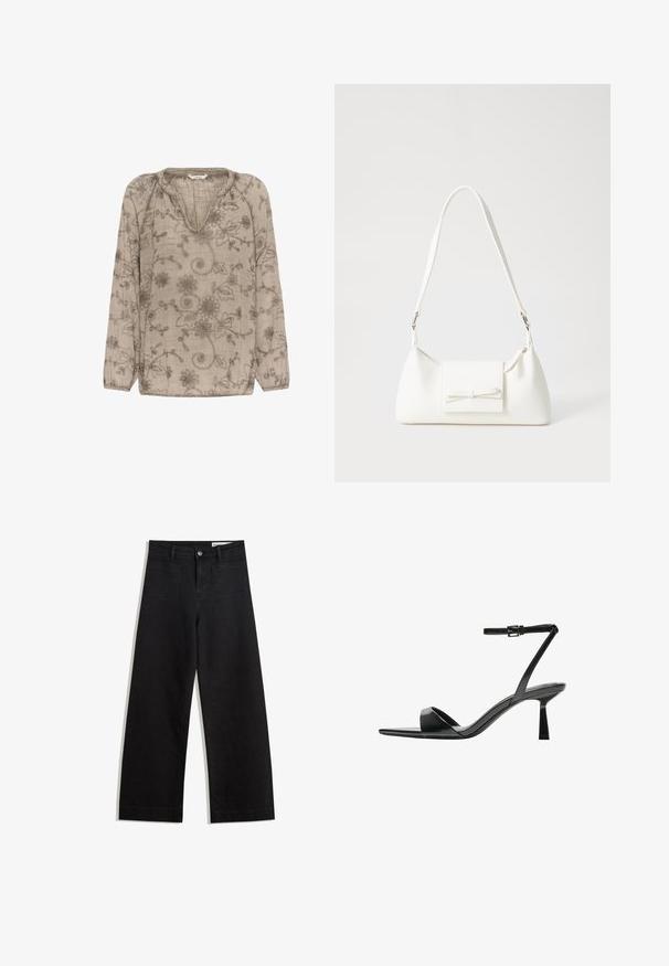 Light beige blouse with long sleeves, V-neck, and floral embroidery in gray tones. Soft, textured fabric with gathered sleeve accents.; Black wide-leg denim pants with a high waist, featuring front and back pockets, stitched seams, and a button closure. Smooth texture.; Bershka High heeled sandals - black; White synthetic handbag with a triangular shape, flat front flap and bow detail, adjustable strap, smooth texture, and minimalistic design.