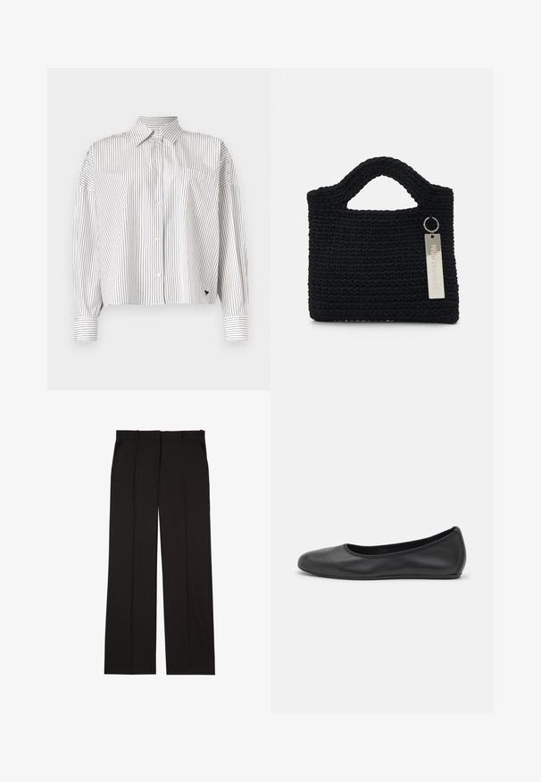 Witte shirt met marineblauwe verticale strepen, knoopsluiting aan de voorkant, kraag, lange mouwen en een borstzak. Zachte stof met een gestructureerde pasvorm.; Zwarte op maat gemaakte broek van een gladde stof, met een rechte pijp en twee zijzakken. Elegante en minimalistische constructie.; Zwarte leren ballerina met een ronde neus, gladde textuur, minimale stikdetails en een flexibele zoolontwerp.; Won Hundred MARSIELLE COMPUTER BAG UNISEX - Laptoptas - black