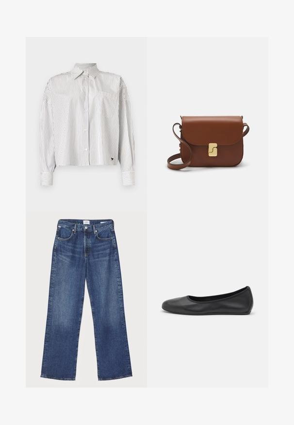 Camicia bianca con righe verticali blu navy, chiusura frontale con bottoni, colletto, maniche lunghe e taschino sul petto. Tessuto morbido con una vestibilità strutturata.; Citizens of Humanity ANNINA - Jeans a sigaretta - westwood dark indigo; Pantofole da balletto nere in pelle con punta arrotondata, texture liscia, dettagli di cucitura minimi e design con suola flessibile.; Borsa a tracolla in pelle marrone con chiusura a pattina, hardware color oro, tracolla e una finitura liscia. Forma rettangolare compatta.