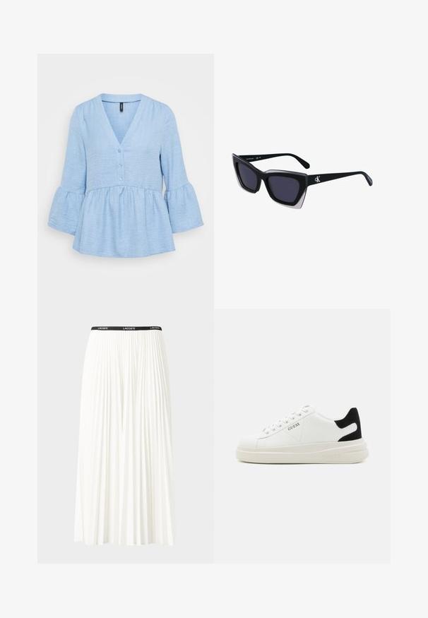 Svetlomodrá tuniková blúzka z textúrovanej látky, s výstrihom do V, predným zapínaním na gombíky a rozšírenými trojštvrťovými rukávmi s volánovým lemom.; Plisovaná biela sukňa s čiernym elastickým pásom s logom "LACOSTE". Sukňa je stredne dlhá a má mäkkú textúru.; Biele kožené tenisky s hrubou bielou podrážkou, čiernym zamekom na päte a vyrazeným logom na boku. Šnurovací dizajn so šiestimi očkami.; Čierne oversized slnečné okuliare s geometrickým tvarom, s tmavými šošovkami a kontrastným šedým detailom na ráme. Logo na mostíku.