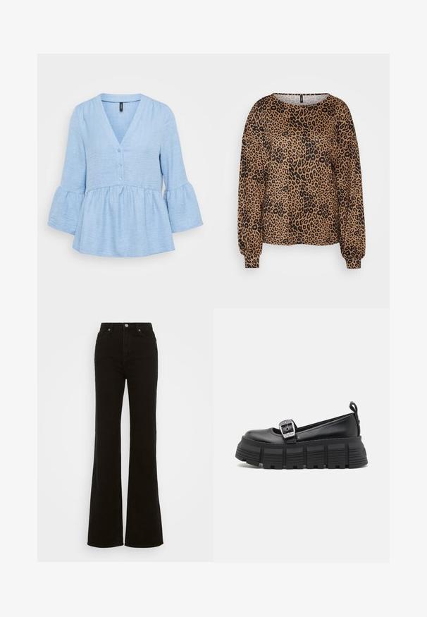 Hele sinine tunika, mis on valmistatud tekstuursed kangast, V-kaelusega, nööpidega ees ja flöödid kolmveerandi varrukatega, mille alläär on volang.; Pruun pikaaheline sviiter musta leopardimustriga, laia kraega ja elastsete varrukatega. Pehme tekstuuriga kangas, lõdva istuvusega.; Kõrge talje ja mustad laiad teksad, mis on valmistatud denimist, neil on nupuga sulgur, küljetaskud ja sile tekstuur.; Mustad platvormi loafers musta värvi, ümmarguse varba, sileda nahast ülaosa, reguleeritava pandlaga ja tekstuuriga kummist tallaga, millel on horisontaalsed sooned.