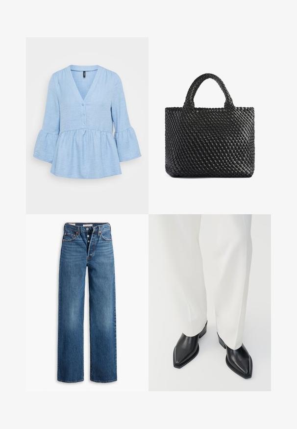 Túnica de color azul claro hecha de un tejido texturizado, que presenta un escote en V, botones en la parte delantera y mangas de tres cuartos acampanadas con un dobladillo con volantes.; Jeans de mezclilla azul con un diseño de pierna ancha, cinco bolsillos, cierre de botón y costuras en contraste. Tejido texturizado con un acabado desgastado.; Botas de tobillo negras con punta afilada y acabado de cuero liso, con tacones bajos y bloque, combinadas con pantalones blancos de pierna ancha. Diseño simple y moderno.; Bolso tote tejido negro con dos asas, que presenta una superficie texturizada y una forma rectangular. Diseño simple y único sin hardware visible.