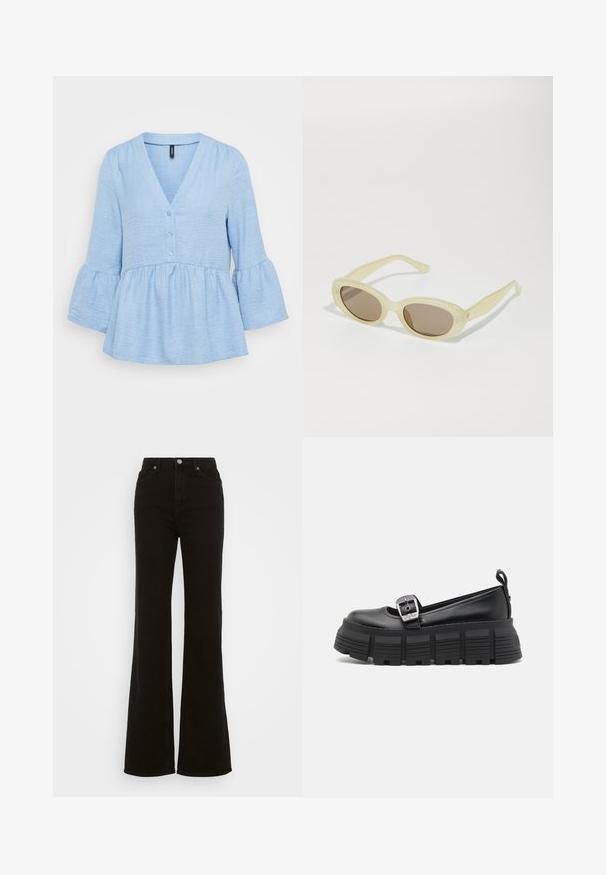 Svijetloplava tunika izrađena od teksturirane tkanine, s V-izrezom, prednjim gumbima i raširenim rukavima do tri četvrtine sa volanima na rubu.; Visoke crne široke traperice od denima, sa zakopčavanjem na dugme, bočnim džepovima i glatkom teksturom.; Crne platforme loaferice s zaobljenim nožnim prstom, glatka kožna gornja strana, podesiva kopča i strukturirana gumena potplat s horizontalnim rebrima.; Ovalne sunčane naočale s prozirnim svijetložutim okvirom i smešnim lećama. Imaju glatku teksturu i suptilne metalne detalje sa strana.