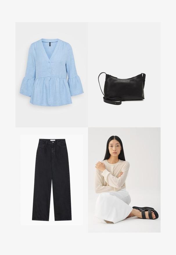 Tunika berwarna biru muda terbuat dari kain tekstur, menampilkan kerah V, depan berbutton, dan lengan tiga perempat mekar dengan pinggiran berumbai.; Mustat korkeavyötäröiset leveälahkeiset farkut, joissa on etunapit ja vetoketju, vyölenkit ja viisi taskua.; Vaaleanbeige pitkähihaisiin napitettava paita, yhdistetty valkoisiin hameeseen; malli käyttää mustia soljellisia sandaaleja, istuen kädet ristissä.; Musta nahkainen olkalaukku, jossa on sileä pinta, kaareva muoto, säädettävä hihna ja vetoketjukiinnitys. Minimalistinen muotoilu ilman koristeita.