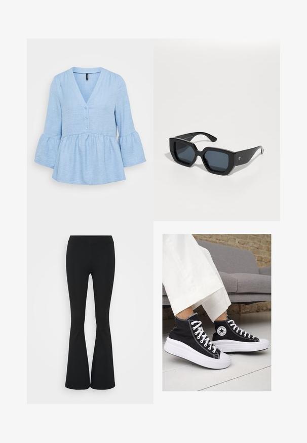 Šviesiai mėlyna tunika, pagaminta iš tekstūruoto audinio, turi V formos kaklą, mygtukų uždarymą ir platėjančias tris ketvirtadalio ilgio rankoves su volaniniu apvadu.; Juodai platėjantys kelnių, pagamintų iš tamprių medžiagų, kurie turi aukštą juosmenį ir lygią tekstūrą. Kelnės platėja nuo kelio.; Juodi kanvasiniai aukšti sportbačiai su baltais guminiais padu ir raišteliais. Šonuose yra apskritas logotipas ir ryški balta siūlė.; Juodos didelės saulės akinių su geometriniu raštu, stačiakampiais objektyvais ir blizgiu paviršiumi. Nėra matomo prekės ženklo priekyje.