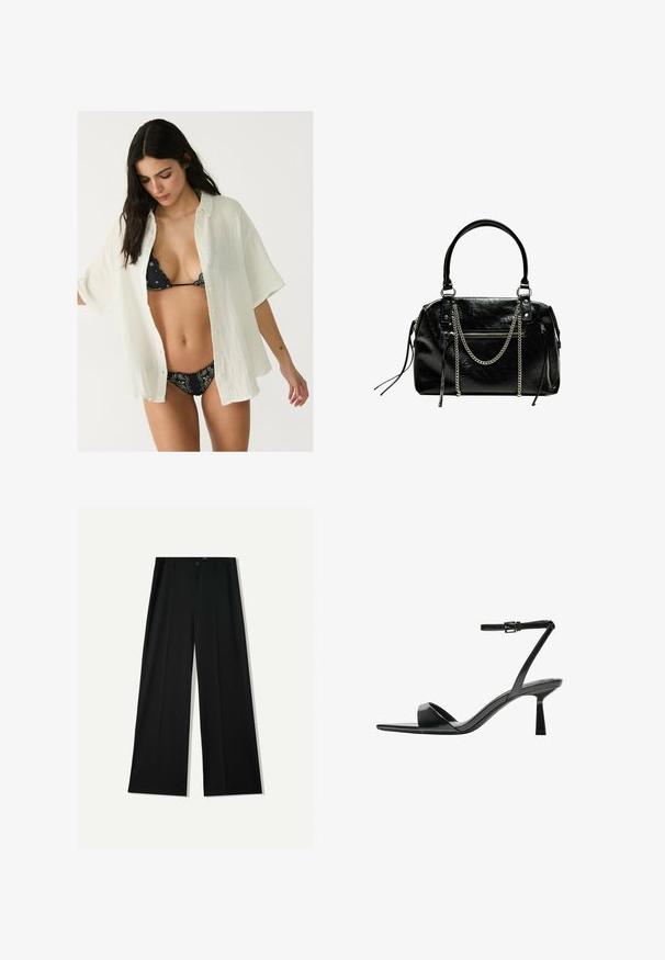 Biała, oversize koszula z guzikami, wykonana z fakturowanej tkaniny, noszona na otwarte nad czarnym bikini z wzorem. Krótkie rękawy i luźny krój.; Bershka WIDE czarny; Bershka - Sandały na obcasie; Bershka - Torebka