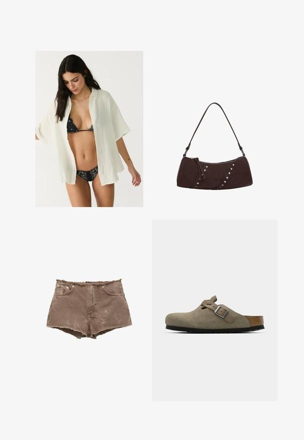Camicia bianca oversize con bottoni, caratterizzata da un tessuto texturizzato, indossata aperta su un bikini nero a fantasia. Maniche corte e vestibilità rilassata.; Shorts in denim marrone con orlo sfilacciato, design a cinque tasche e dettagli in metallo. Il materiale appare leggermente rovinato con una superficie strutturata.; Zoccoli in suede di un verde oliva chiaro con una soletta in sughero e gomma sagomata. Presentano una cinghia laterale con fibbia metallica e una punta arrotondata.; Borsa a tracolla in finta pelle marrone con forma curva, chiusura con zip e borchie decorative argentate su un lato. Presenta una spallina corta.