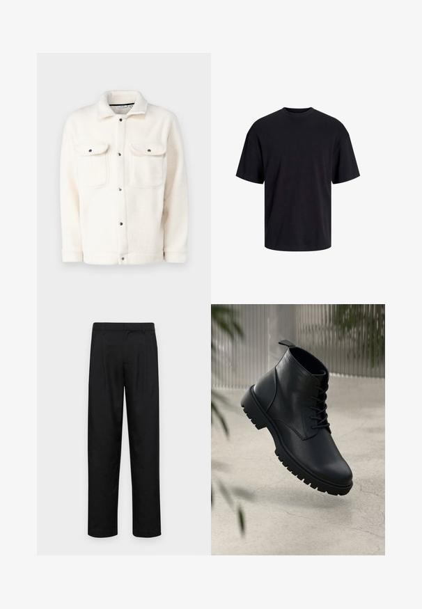 Fleece jaka off-white krāsā ar pogu aizdari, divām krūšu kabatām un krekla apkakli. Iezīme teksturēta virsma un noapaļotas aproces.; Melns kokvilnas T-krekls ar apaļu kakla izgriezumu, īsām piedurknēm un brīvu piegriezumu. Gluda tekstūra un nav redzamu rakstu vai akcentu.; Melnas bikses, izgatavotas no gludas auduma, ar taisnu kāju dizainu, divām priekšējām krokām un standarta jostu, kurai ir āķi.; Melnas ādas potītēm līdzīgas kurpes ar noapaļotu purngalu, saistīšanas sistēmu un izturīgu gumijas zoli. Gluda virsma ar cilpu aizmugurē.