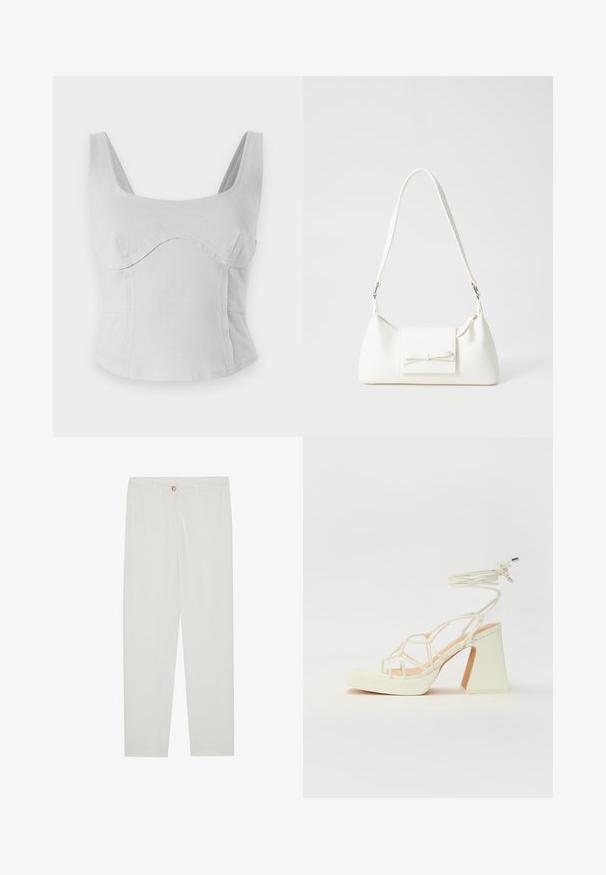 Gray cotton crop top with a square neckline, wide straps, and curved seams. Smooth texture with a fitted design and no visible hardware.; White, tailored trousers with a straight leg design, featuring a button closure, belt loops, and side pockets; smooth fabric texture.; White high-heeled sandal with a chunky heel, featuring a strappy design and ankle tie. Smooth texture with a platform front for added height.; White synthetic handbag with a triangular shape, flat front flap and bow detail, adjustable strap, smooth texture, and minimalistic design.