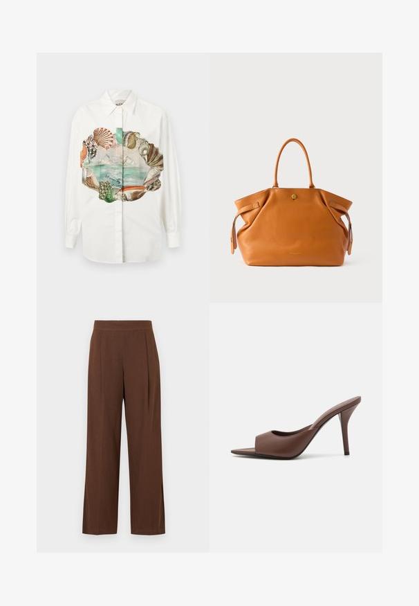 Baltos mygtukinės marškinių su išsamia, spalvinga kriauklių ir jūros peizažo spauda priekyje. Pagaminti iš lygaus audinio su ilgomis rankovėmis.; Rudos, plačios kelnės su lygiu paviršiumi, turinčios tiesią priekinę dalį ir klostes. Juosmuo elastinis, suteikiantis komfortą ir tinkamumą.; Rudi odos atviri aukšti kulniukai su elegantišku dizainu, turinčiu plačią priekinę juostą ir siauromis stiletto kulkšnimis.; Rudos odos rankinė su dviem tvirtais rankenomis, viršutiniu užtrauktuku ir šoniniais akcentais. Yra tekstūruota paviršiaus apdaila ir auksinis emblemė priekyje.