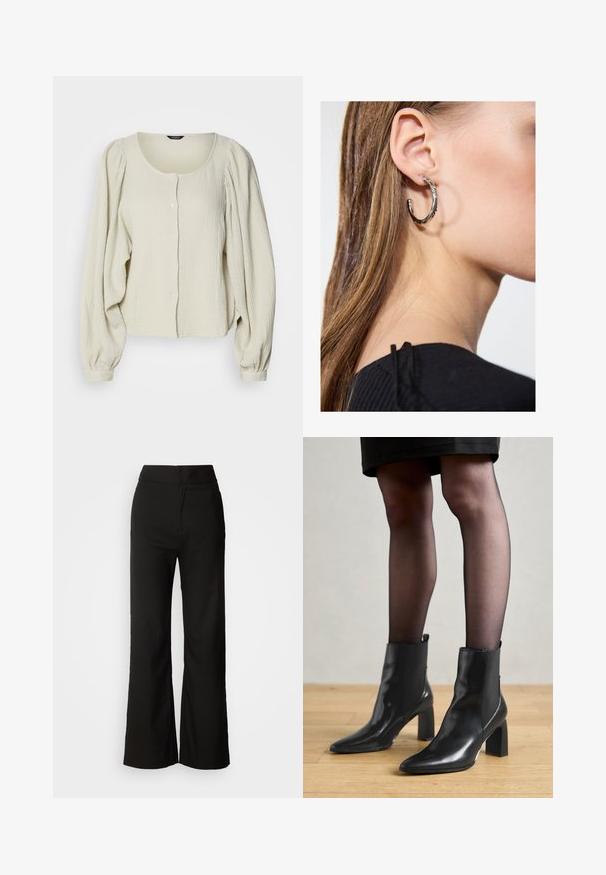 Bluză bej deschis, dintr-un material texturat, cu un guler rotund, închidere cu nasturi și mâneci lungi bufante, cu detalii pliate.; Top negru fără mâneci, fabricat dintr-un material moale și elastic. Are un decolteu rotund și bretele late, cu o siluetă ajustată și o textură fină.; Pantaloni negri cu croi larg, dintr-o textură netedă, cu talie înaltă și un design simplu. Fără buzunare vizibile sau embellishments.; Botine negre din piele, cu vârful ascuțit, toc pătrat masiv și un design elegant. Au panouri laterale elastice pentru o îmbrăcare ușoară.; Cercel din argint cu un finisaj polișat, având detalii mici din aur și o formă rotundă, purtat pe lobul urechii.