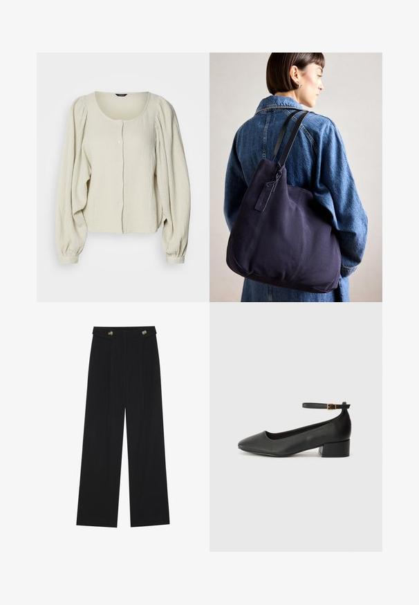 Hellbeige Bluse aus strukturiertem Stoff, mit rundem Halsausschnitt, Knopfleiste und langen, gepufften Ärmeln mit Raffung.; Schwarze weite Hosen mit hoher Taille, Knopfdetails am Bund und vorderen Falten.; Schwarze Lederpumps mit spitzem Zehenbereich und niedrigem Blockabsatz. Mit einem Knöchelriemen und einer goldfarbenen Schnalle. Glatte Textur.; Marinefarbene Leinenschultertasche mit weicher, strukturierter Form, ausgestattet mit einem schwarzen Riemen, genähten Details und einem kleinen Markenschild.