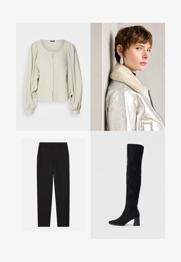Lichtbeige blouse van gestructureerde stof, met een ronde halslijn, knoopsluiting aan de voorkant en opbollende lange mouwen met geplooide details.; Zwarte broek met een tailormade ontwerp, voorzien van zijzakken en een rechte pijp. Gemaakt van een soepele, lichte stof met een strakke afwerking.; Zwarte suède kniehoge laars met blokhak, spitse neus en een glad, naadloos ontwerp op een effen lichte achtergrond.; Zilveren metalen leren jas met een schapenwollen kraag, voorzien van een ritssluiting en een gestructureerd oppervlak. Grote druppelvormige oorbellen met heldere edelstenen.